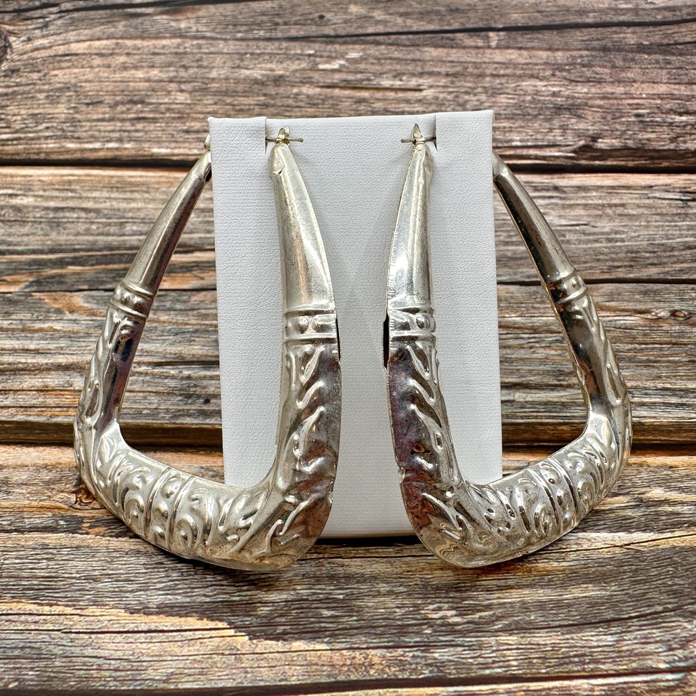 Silver Tone Embossed Square Hoop Earrings Large Statement Vintage Boho Tribal